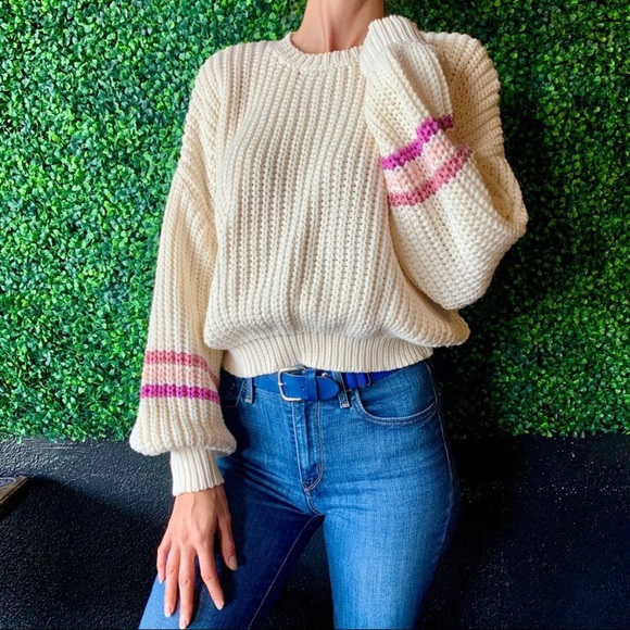 NWOT Blue Blush Puff Sleeve Stripes Knit Crop Sweater - Picture 2 of 7